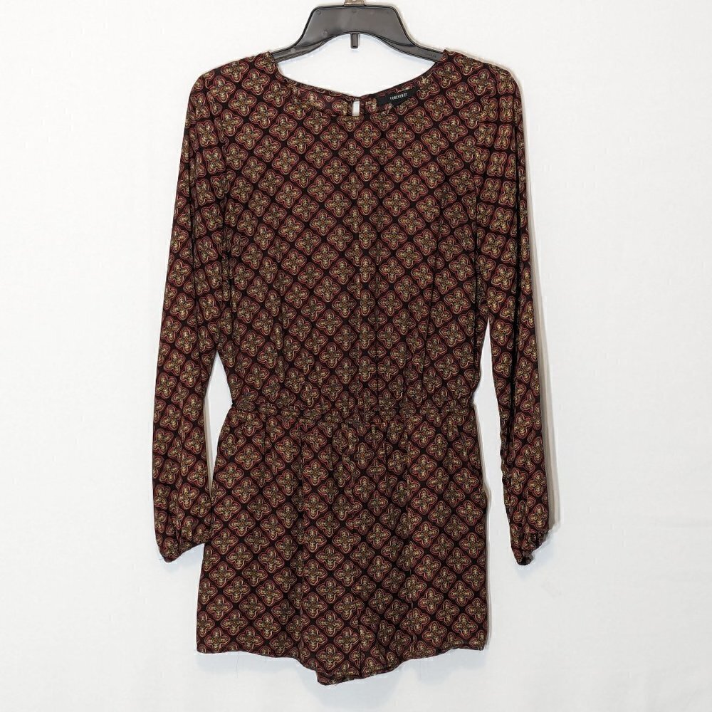 Women's FOREVER 21 Burgundy/Black, Chiffon Long Sleeve Romper; Open Back; Size M